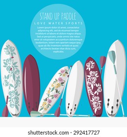 Colorful vector  style illustration of stand up paddle set with signature and text. Template for your design, article or print.