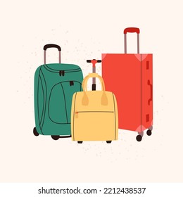 Colorful vector suitcases in doodle style. Isolated plastic and fabric luggage illustration for tourism, journey concept