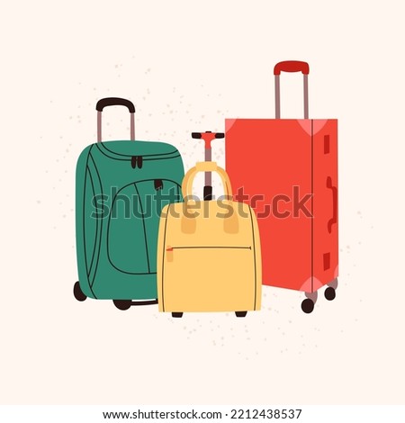 Colorful vector suitcases in doodle style. Isolated plastic and fabric luggage illustration for tourism, journey concept