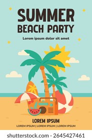 Colorful vector summer beach party poster template featuring tropical leaves, palm trees, ocean, watermelon, and festive layout for seasonal promotions.