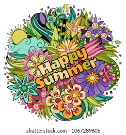 Colorful vector of summer cartoon doodle floral objects, symbols and items. Round frame composition. Perfect for cards, prints, flyers, banners, invitations.