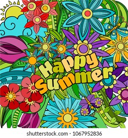 Colorful vector of summer cartoon doodle floral objects, symbols and items.  Perfect for cards, prints, flyers, banners, invitations.