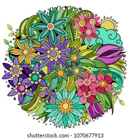 Colorful vector of summer cartoon doodle floral objects, symbols and items. Round frame composition. Perfect for cards, prints, flyers, banners, invitations.