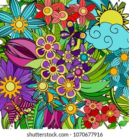 Colorful vector of summer cartoon doodle floral objects, symbols and items.  Perfect for cards, prints, flyers, banners, invitations.