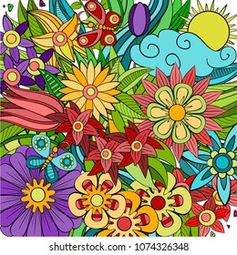 Colorful vector of summer cartoon doodle floral objects, symbols and items.  Perfect for cards, prints, flyers, banners, invitations.