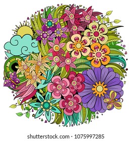 Colorful vector of summer cartoon doodle floral objects, symbols and items. Round frame composition. Perfect for cards, prints, flyers, banners, invitations.