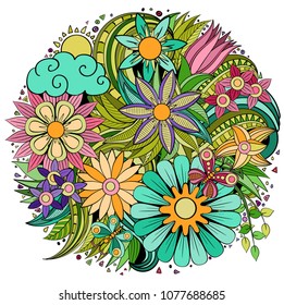 Colorful vector of summer cartoon doodle floral objects, symbols and items. Round frame composition. Perfect for cards, prints, flyers, banners, invitations.