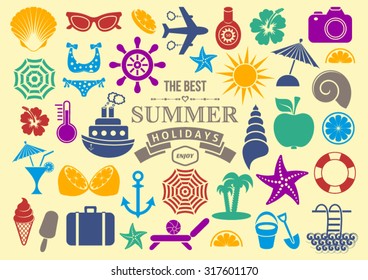 Colorful vector summer icon silhouettes on white background