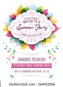 Colorful vector summer party invitation with leaves and ornaments. Just add your own text. File format is EPS10.