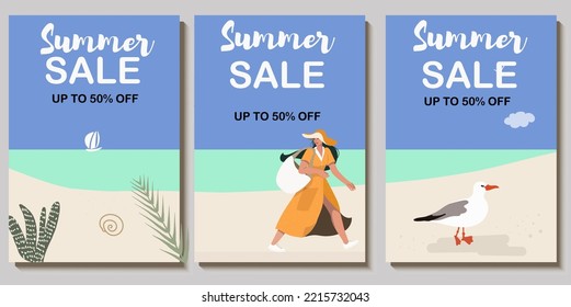 Colorful vector Summer sale layout poster, banner, background, vacation mood, cards, invitation, summer vibes, woman, tropical, tag, relaxation,coast, coastal, seagull, turquoise, sea, ocean,  sale.