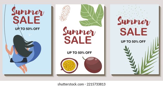 Colorful Vector Summer Sale Layout Poster, Banner, Background, Vacation Mood, Cards, Invitation, Summer Vibes, Woman, Tropical, Tag, Relaxation, Passion Fruit, Chill Out, Flyer, Sale, Swinging.