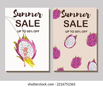 Colorful vector summer sale layout poster, banner, background, vacation mood, cards, invitation, summer vibes, tag, sale, huge dragon fruit, upside down, swing, tiny girl.
