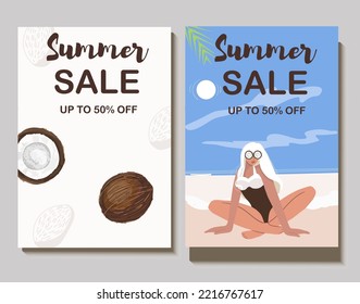 Colorful vector summer sale layout poster, banner, background, vacation mood, cards, invitation, summer vibes, tag, sale, girl sunbathing, coconut.