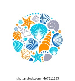 Colorful vector summer sea shells circle concept isolated