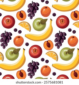 Colorful vector summer seamless pattern with fruits. Banana, apple, grapes and apricot isolated on white background