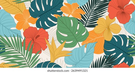 Colorful vector summer seamless pattern with tropical plants, palm fronds, and pastel flowers. Botanical background for wedding invites, event flyers, and print design