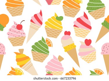 Colorful vector summer seamless pattern with cakes and ice cream illustration isolated on white background