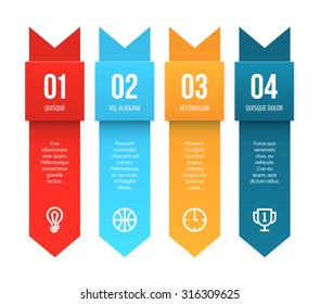 Colorful vector tags with placeholders as presentation elements isolated on white. Paper strips with numbers and sample text.