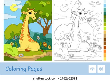 Plantilla vectorial colorida, ilustración de contorno incoloro de una jirafa comiendo una flor en un bosque y paleta sugerida en el lado derecho. Animales salvajes y actividades de desarrollo de mamíferos para niños.