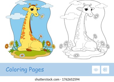 Colorful vector template and colorless contour illustration of a giraffe eating a flower in a woodland. Wild animals and mammals preschool kids coloring book illustrations and developmental activity.