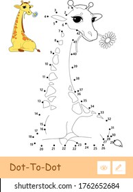 Plantilla vectorial colorida y jirafa de contorno incoloro punto a punto aislada en blanco. Animales silvestres, mamíferos y herbívoros niños preescolares coloreando ilustraciones de libros y actividades de desarrollo.