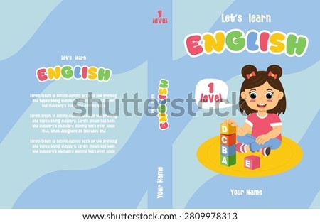Colorful vector template of a textbook cover for a children' English lesson. Cute little girl sitting on carpet and playing with ABC blocks. Bright educational layout design for primary school or kid.