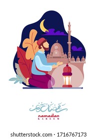 Farbige Vektorillustration mit Text auf Arabisch Ramadan Kareem - Gesegnet und glücklich Ramadan