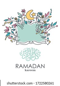 Vector colorido con texto en árabe Ramadan Kareem - Bendito y feliz Ramadán. El Corán, libro musulmán sagrado