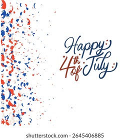 Texto vetorial colorido "Feliz 4 de julho" com confete vermelho e azul. Design festivo adequado para bandeiras de celebração e cartões de saudação.
