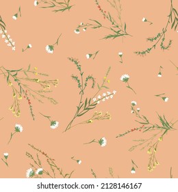 Colorful vector texture. Blossom floral seamless pattern. Blooming botanical motifs scattered random. Fashion, ditsy print, fabric. Hand drawing different wild meadow flowers on pink backgroud