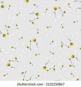 Texture vectorielle colorée. Motif floral harmonieux en fleurs. Motifs botaniques en fleurs dispersés au hasard. Mode, papier cadeau, tissu. Fleurs de prairie sauvage dessinées à la main sur fond gris avec points de polka