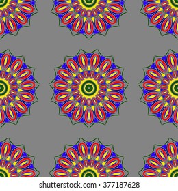 Colorful vector texture with flowers, boho decorative ornament. Mandala pattern, folk seamless background 