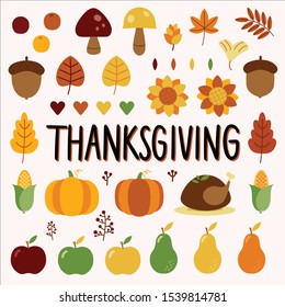 Colorful vector thanksgiving and halloween doodle set of cute color objects in Fall, autumn and thanksgiving theme. hand writing thanksgiving.