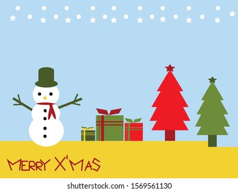 colorful vector that shows two Christmas trees, three gifts and snowman with circle and star shapes. blue and yellow color in background. 
