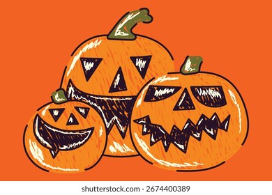 Colorful vector of three Halloween pumpkins with spooky and funny faces in doodle style on an orange background, perfect for festive designs.
