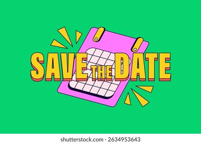 Colorful vector of a tilted calendar with bold "Save the Date" text. Perfect for event reminders, invitations, and announcement designs