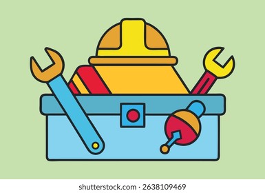 Colorful vector toolbox with helmet and tools, ideal for illustrating construction, repair, maintenance, engineering, and handyman services in safety, industry, or labor-related content.