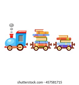 Colorful vector train with piles of books in its wagons. Love reading. Bright vector cartoon illustration. Cute child transport.