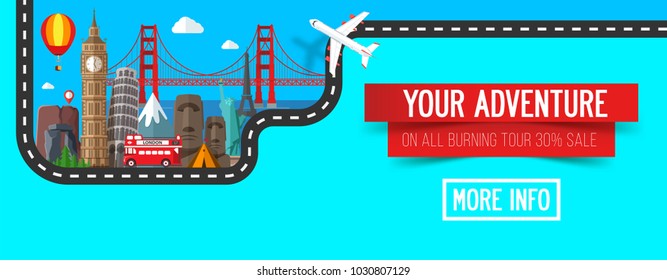 Colorful vector travel composition with famous landmarks, tourism banner for road trip, journey, adventure time.