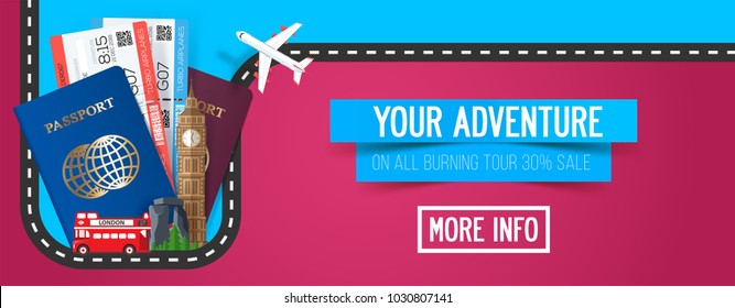Colorful Vector Travel Composition With Passport And Tickets, Tourism Banner For Road Trip, Journey, Adventure Time.