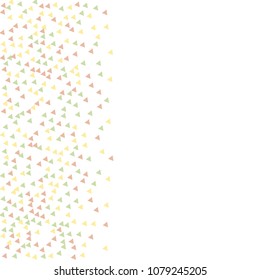 Colorful Vector Triangles Scattered Confetti. Speckled graphic backdrop. Vector illustration for modern abstract design. Explosion burst bang confetti. White Background. Brochure poster template.