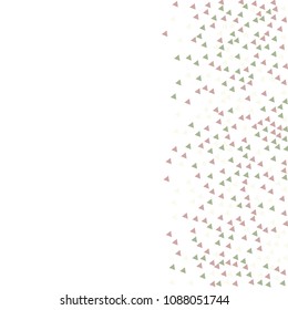 Colorful Vector Triangles Scattered Confetti. Speckled graphic backdrop. Vector illustration for modern abstract design. Explosion burst bang confetti. White Background. Brochure poster template.