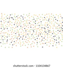 Colorful Vector Triangles Scattered Confetti. Speckled graphic backdrop. Vector illustration for modern abstract design. Explosion burst bang confetti. White Background. Brochure poster template.