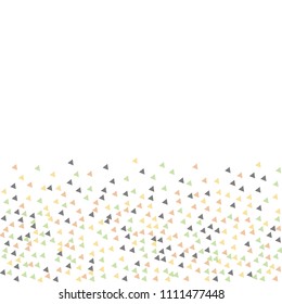 Colorful Vector Triangles Scattered Confetti. Speckled graphic backdrop. Vector illustration for modern abstract design. Explosion burst bang confetti. White Background. Brochure poster template.