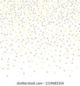 Colorful Vector Triangles Scattered Confetti. Speckled graphic backdrop. Vector illustration for modern abstract design. Explosion burst bang confetti. White Background. Brochure poster template.