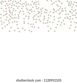 Colorful Vector Triangles Scattered Confetti. Speckled graphic backdrop. Vector illustration for modern abstract design. Explosion burst bang confetti. White Background. Brochure poster template.
