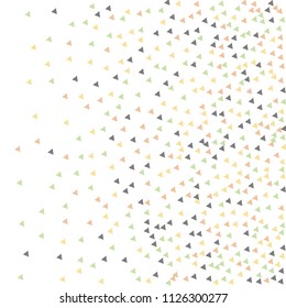 Colorful Vector Triangles Scattered Confetti. Speckled graphic backdrop. Vector illustration for modern abstract design. Explosion burst bang confetti. White Background. Brochure poster template.