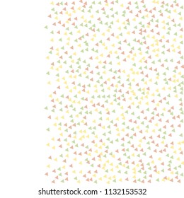 Colorful Vector Triangles Scattered Confetti. Speckled graphic backdrop. Vector illustration for modern abstract design. Explosion burst bang confetti. White Background. Brochure poster template.