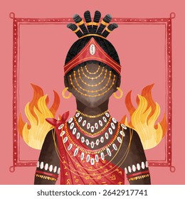 Colorful vector of a tribal deity or Theyyam dancer in ornate costume with flames. Perfect for ethnic art, Indian rituals, folklore, heritage festivals, and cultural posters.