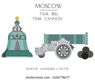 Colorful vector Tsar Bell and Tsar Cannon, famous landmarks of Moscow, Russia. Vector flat illustration isolated on white background. Stock illustration